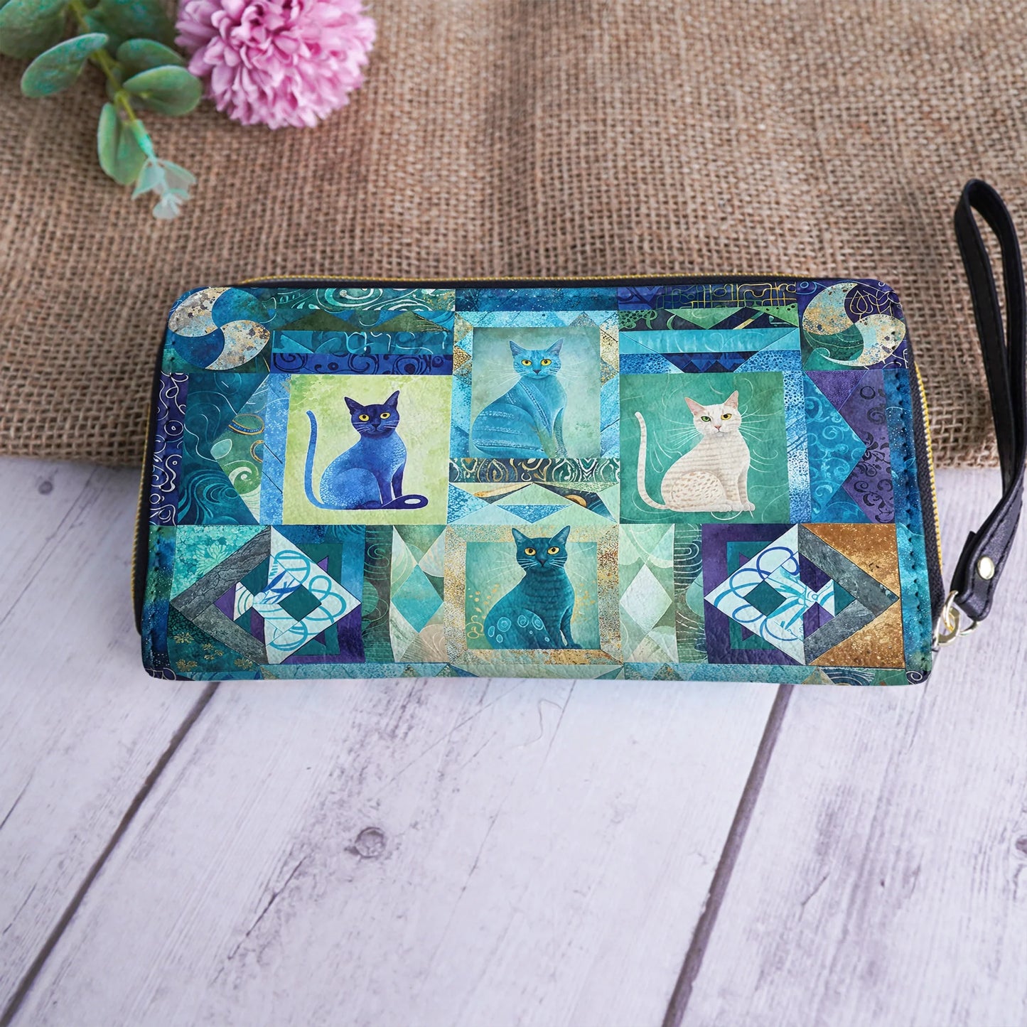  Leather Clutch Purse With Wristlet Strap Handle Mystic Cat