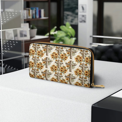  Leather Clutch Purse With Wristlet Strap Handle Rustic Sunflower Cross