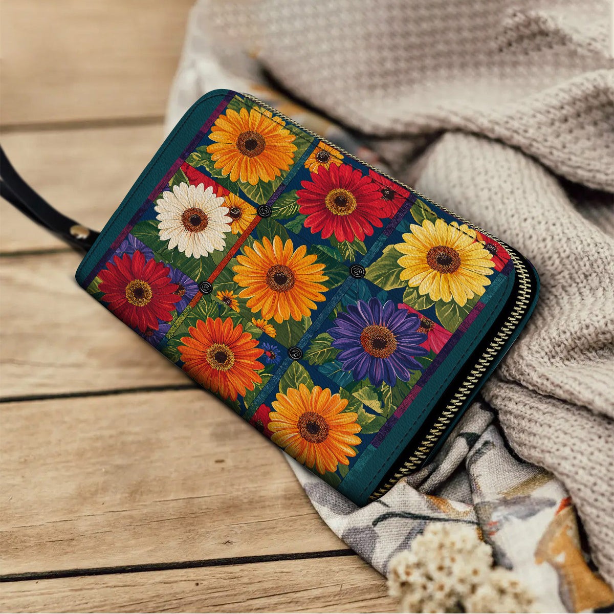  Leather Clutch Purse With Wristlet Strap Handle Vibrant Daisy Patch