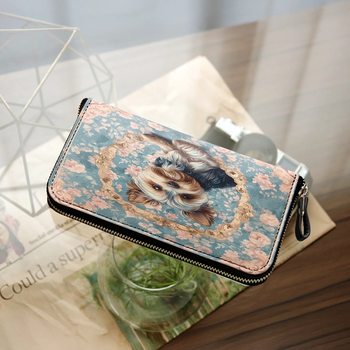  Leather Clutch Purse With Wristlet Strap Handle Yorkie Blossom Elegance