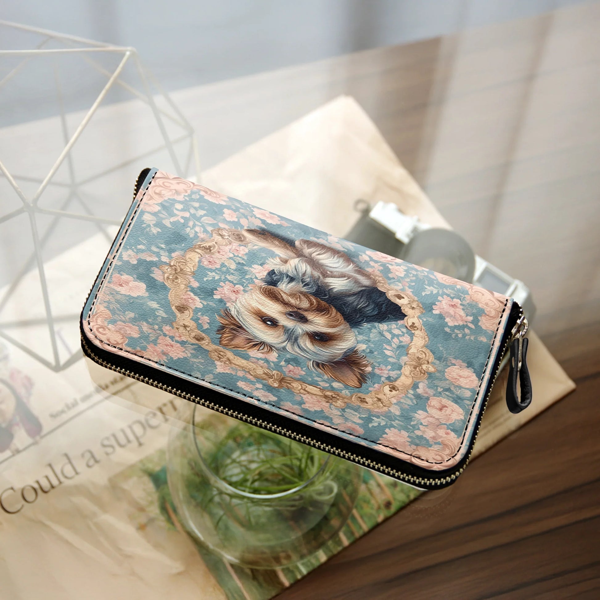  Leather Clutch Purse With Wristlet Strap Handle Yorkie Blossom Elegance