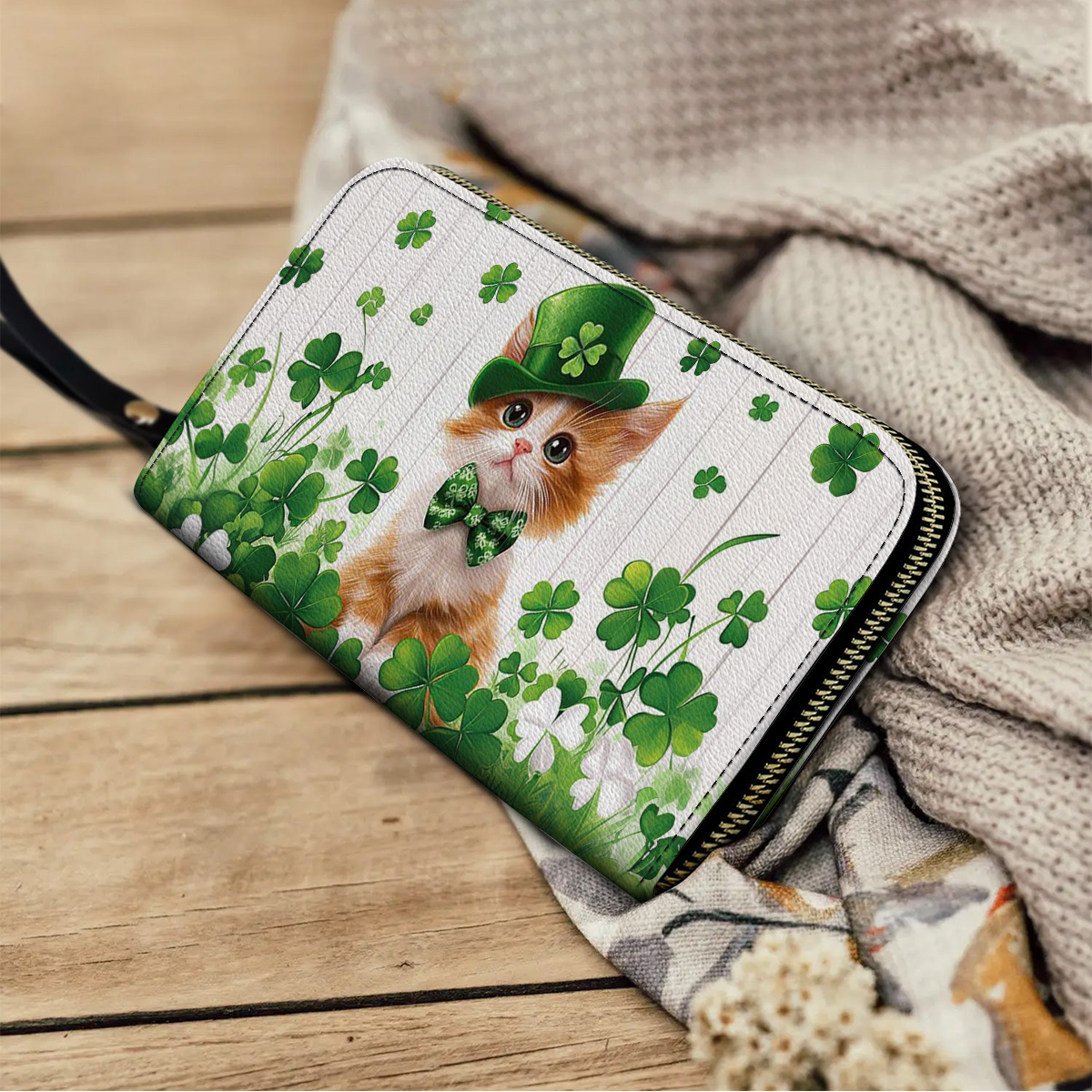  Leather Clutch Purse With Wristlet Strap Handle Clover Kitty