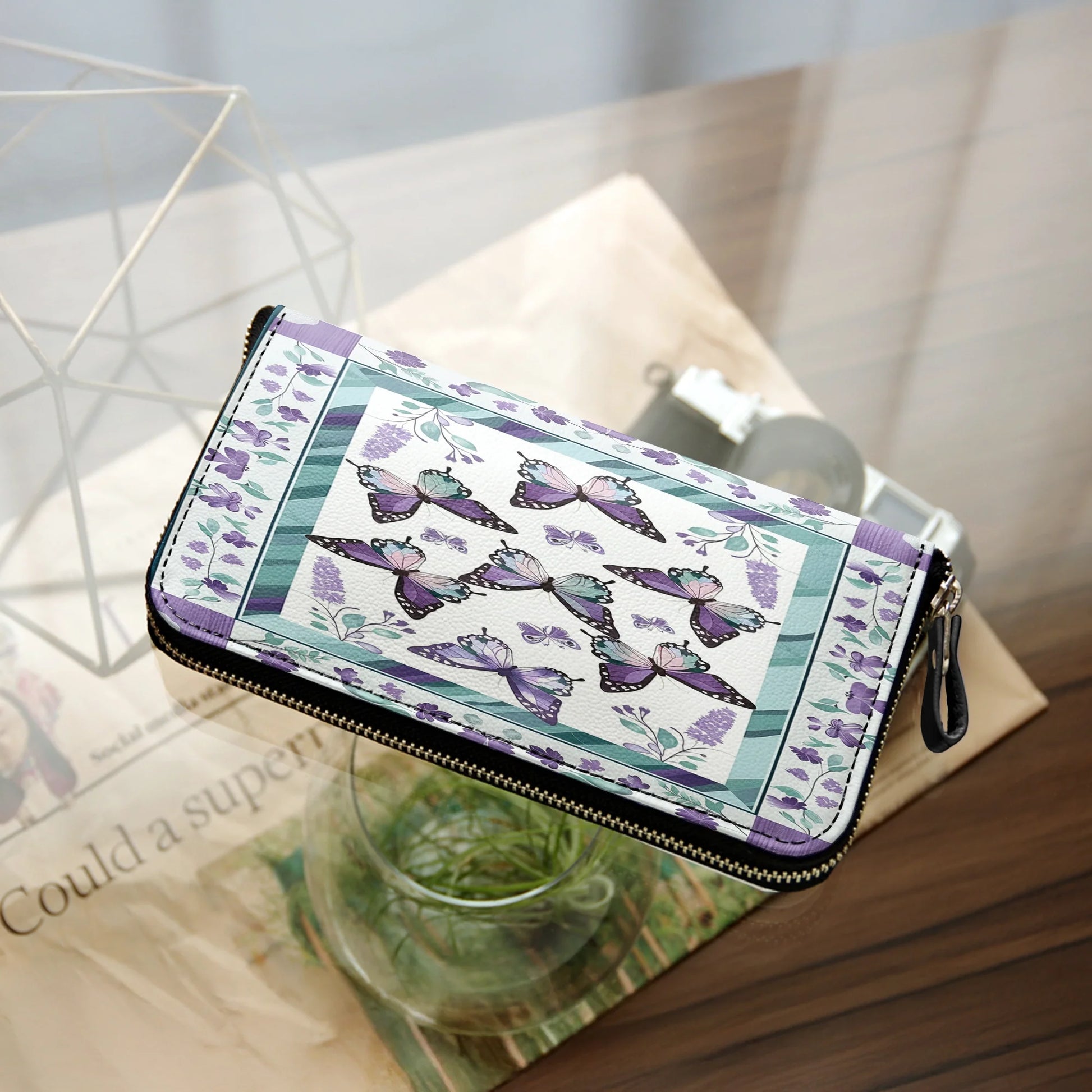  Leather Clutch Purse With Wristlet Strap Handle Purple Butterfly & Floral