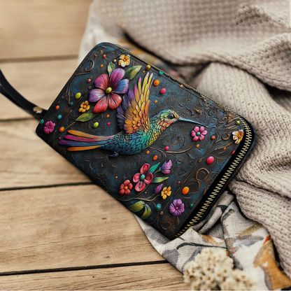  Leather Clutch Purse With Wristlet Strap Handle Hummingbird Gorgeous