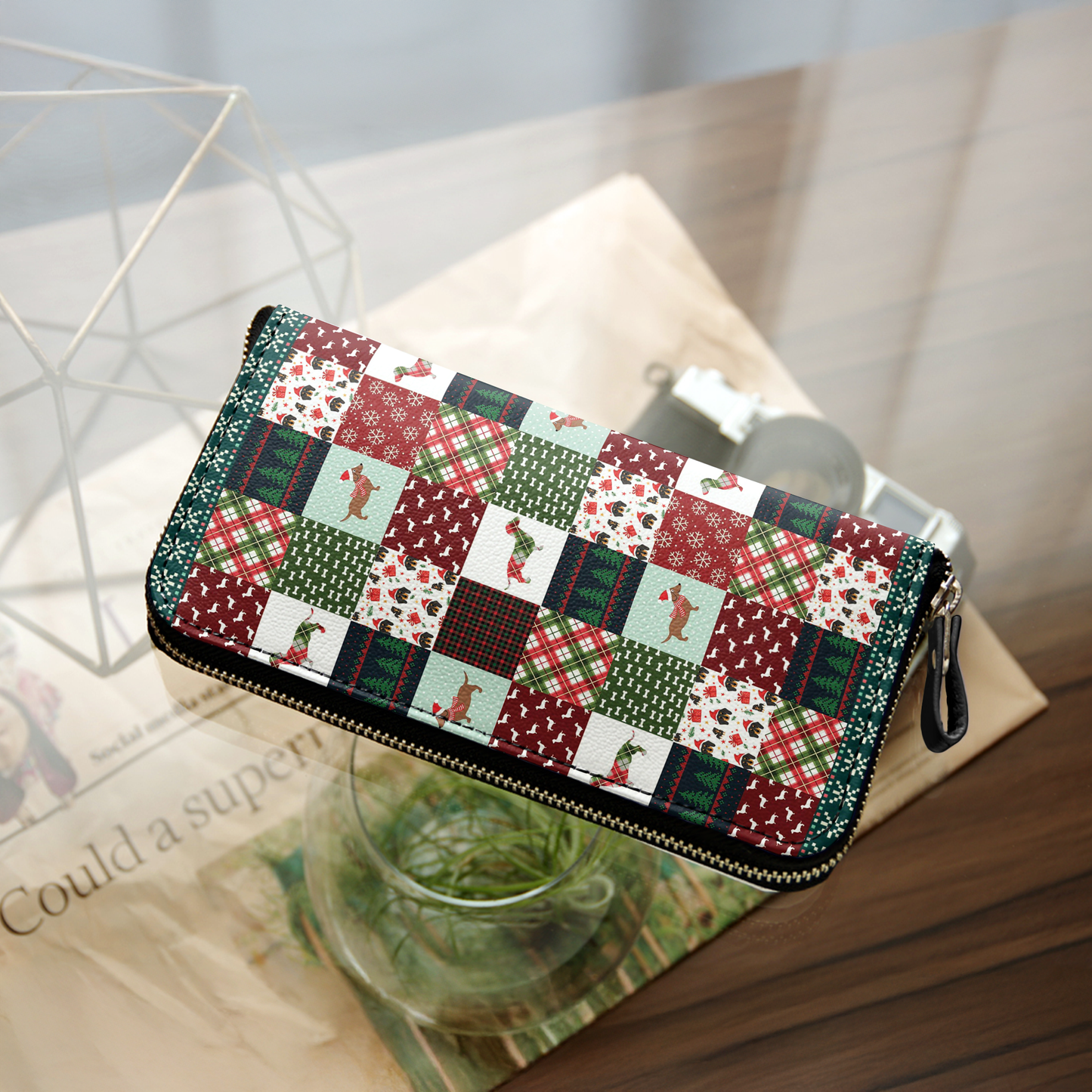  Leather Clutch Purse With Wristlet Strap Handle Dachshund Christmas