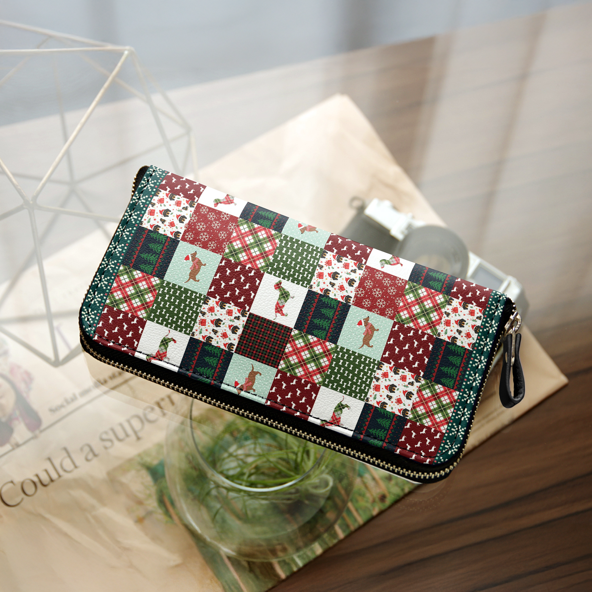  Leather Clutch Purse With Wristlet Strap Handle Dachshund Christmas