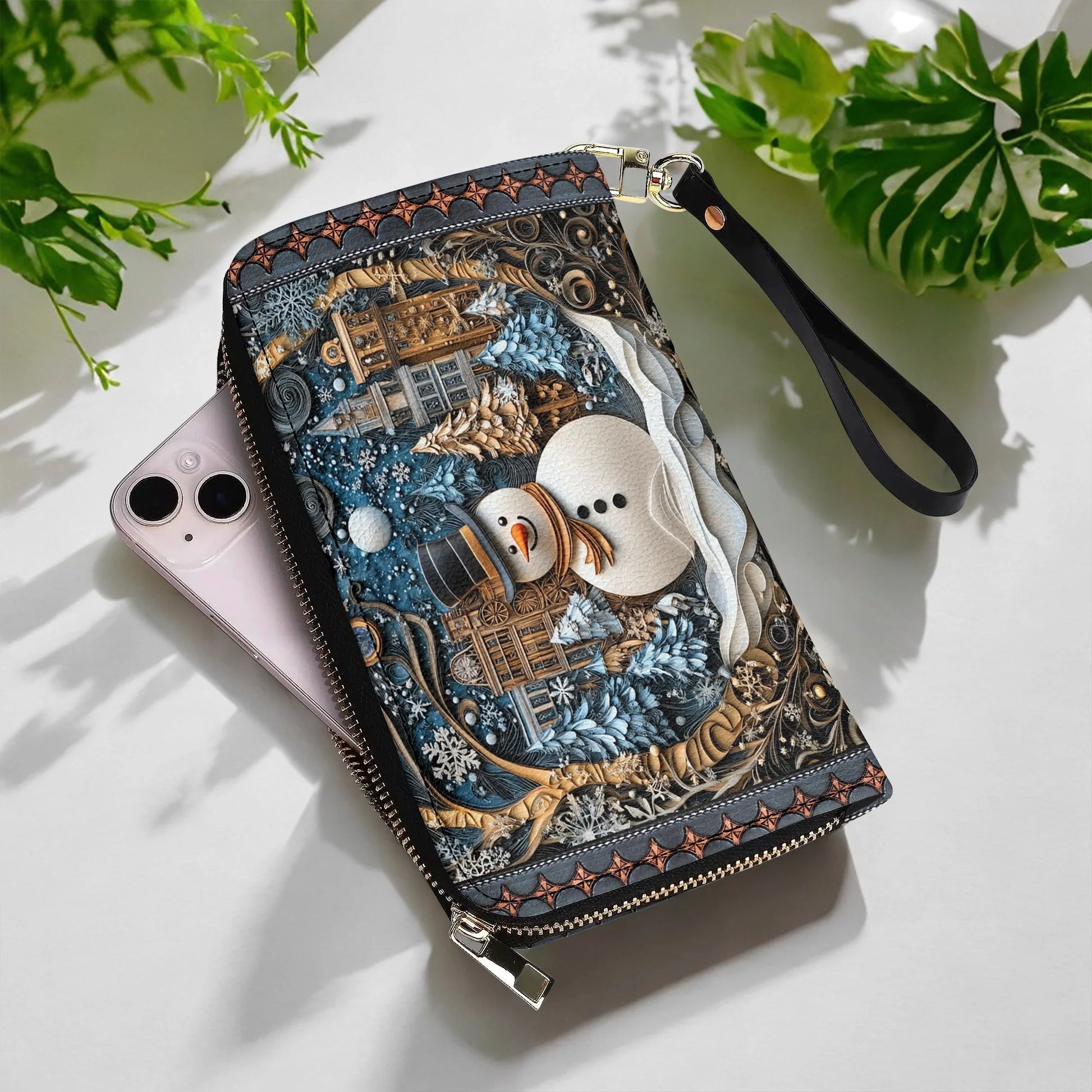  Leather Clutch Purse With Wristlet Strap Handle Frosty Night Cheer