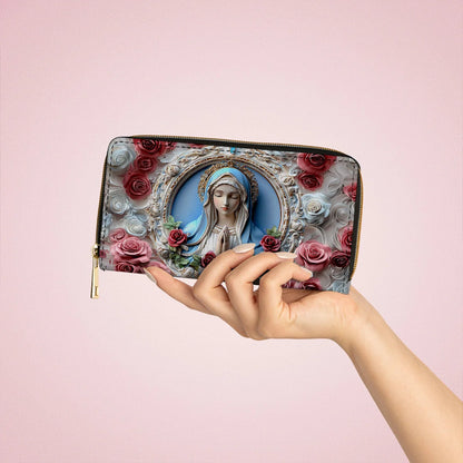  Leather Clutch Purse With Wristlet Strap Handle Sacred Heart Virgin Mary