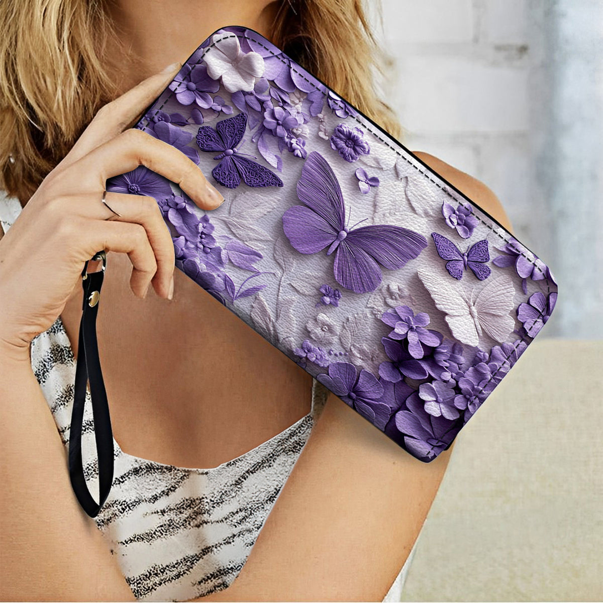  Leather Clutch Purse With Wristlet Strap Handle Violet Flutterby Dreams