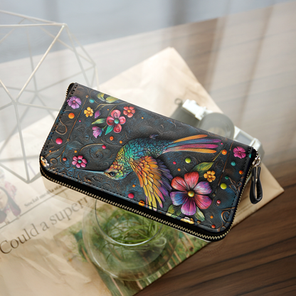  Leather Clutch Purse With Wristlet Strap Handle Hummingbird Gorgeous
