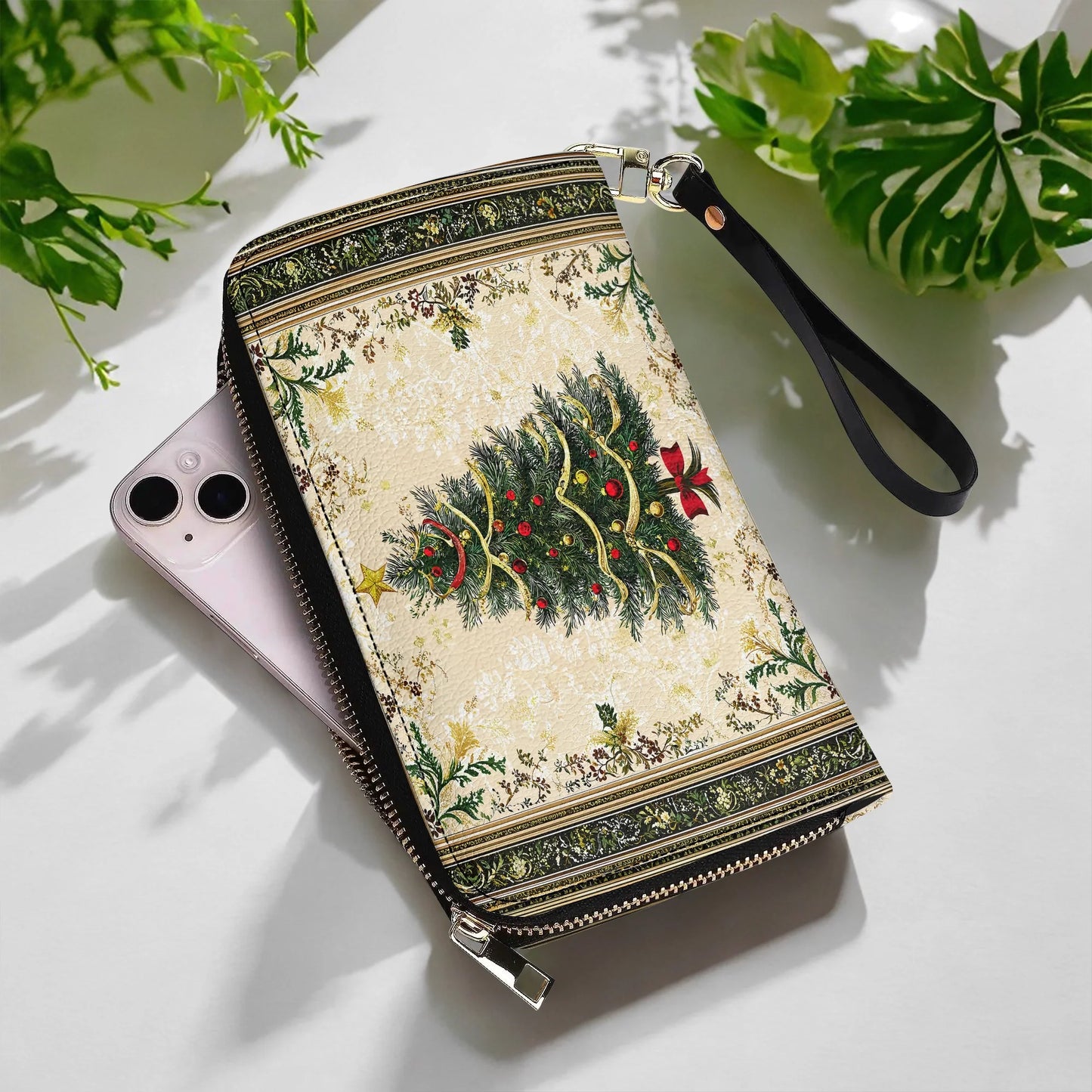  Leather Clutch Purse With Wristlet Strap Handle Classic Christmas Tree