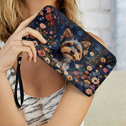  Leather Clutch Purse With Wristlet Strap Handle Enchanted Yorkie Bloom