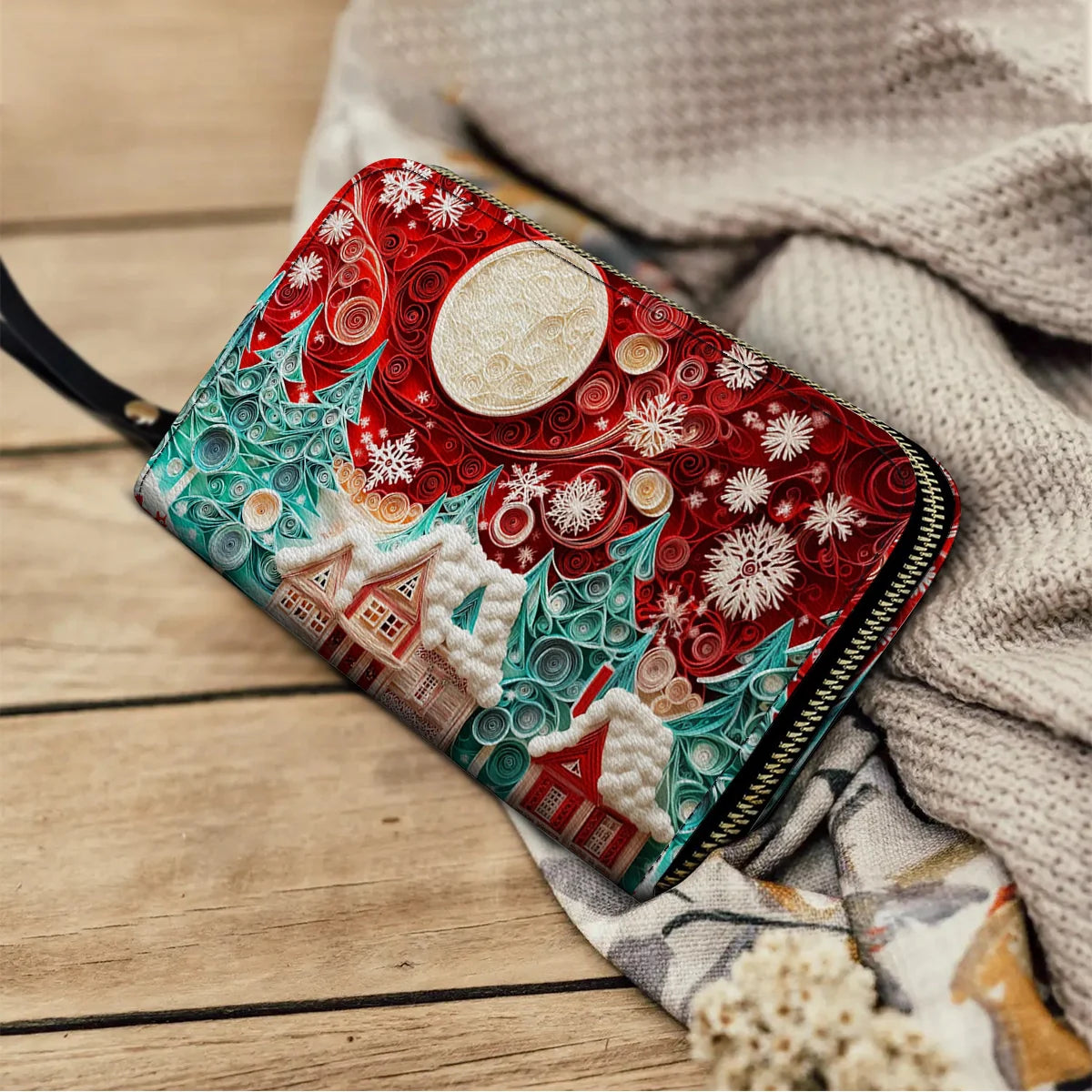  Leather Clutch Purse With Wristlet Strap Handle Christmas Village