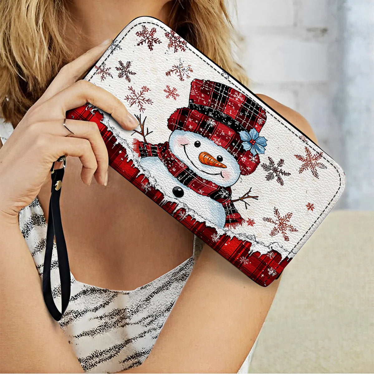  Leather Clutch Purse With Wristlet Strap Handle Plaid Snowman Joy