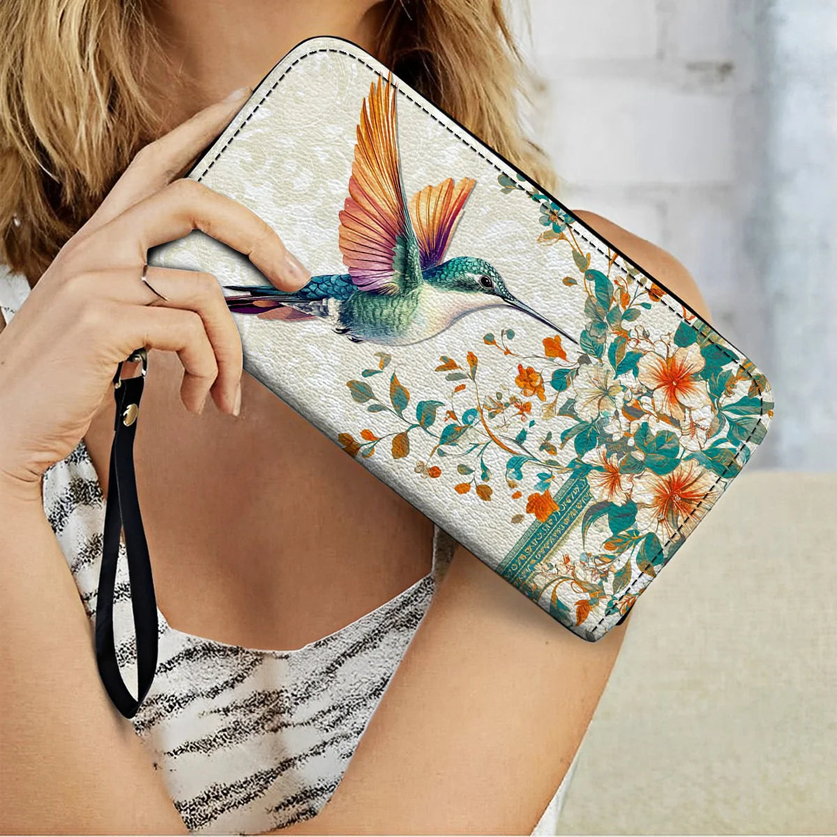  Leather Clutch Purse With Wristlet Strap Handle Hummingbird Harmony
