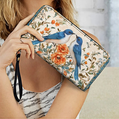  Leather Clutch Purse With Wristlet Strap Handle Bluebird Affection