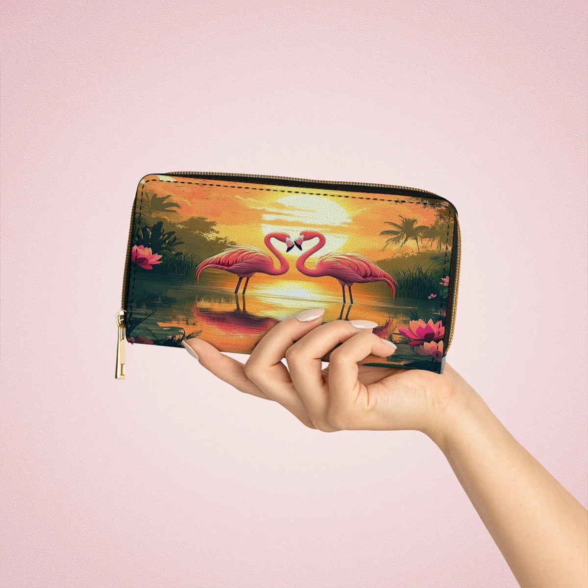  Leather Clutch Purse With Wristlet Strap Handle Flamingo Sunset Love