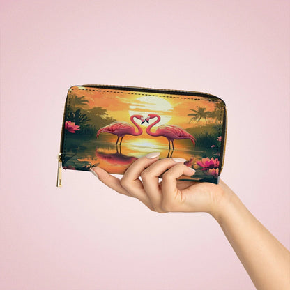  Leather Clutch Purse With Wristlet Strap Handle Flamingo Sunset Love