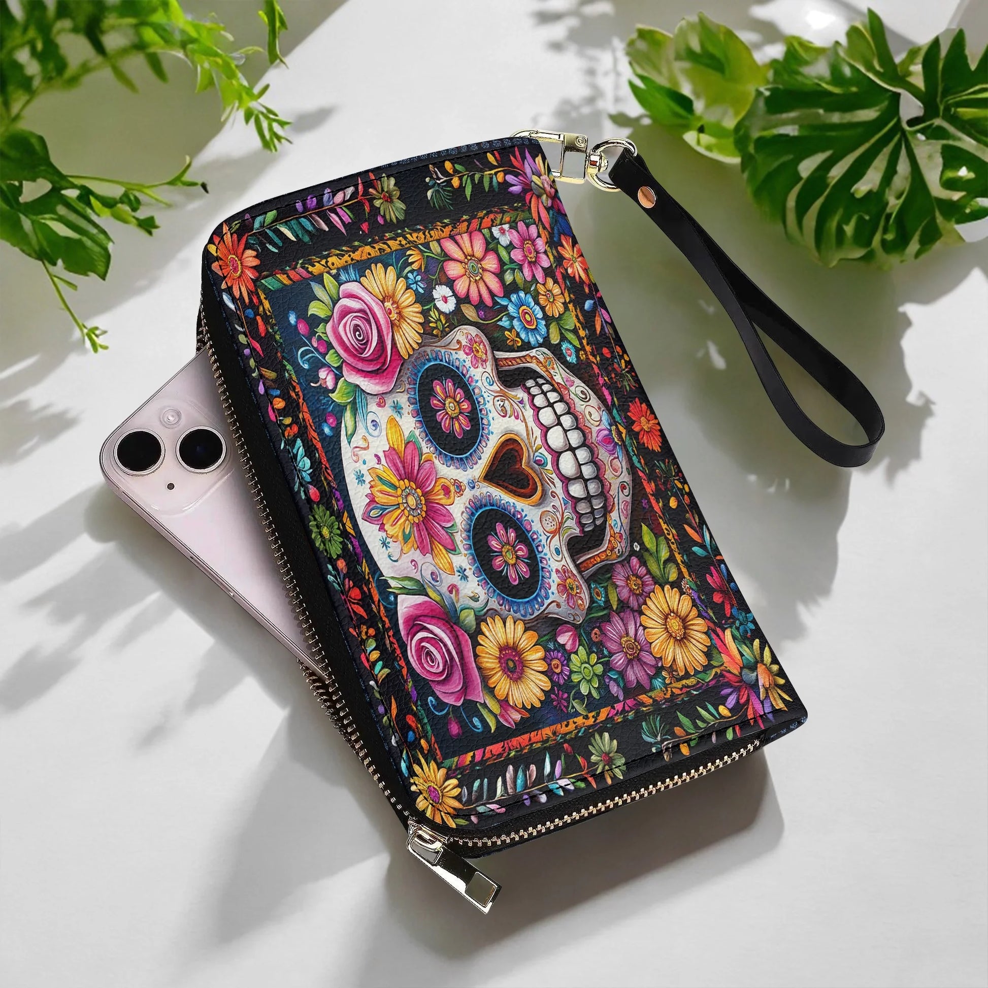  Leather Clutch Purse With Wristlet Strap Handle Calavera Floral Dreams