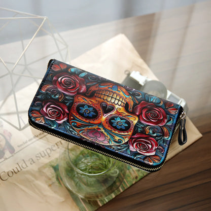  Leather Clutch Purse With Wristlet Strap Handle Vivid Skull and Roses
