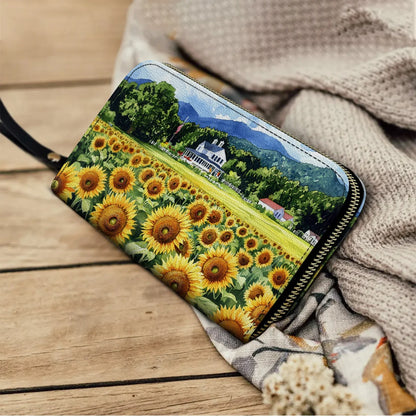  Leather Clutch Purse With Wristlet Strap Handle Sunflower Farmhouse Glory