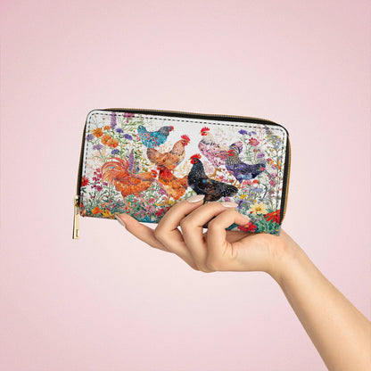  Leather Clutch Purse With Wristlet Strap Handle Chicken Rooster Garden Bliss