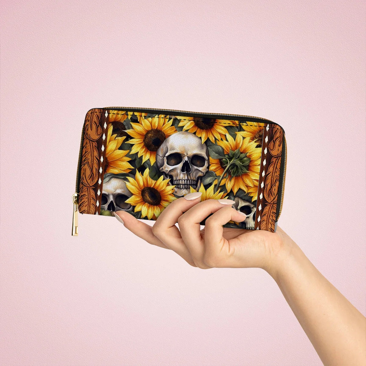  Leather Clutch Purse With Wristlet Strap Handle Sunflower Skull