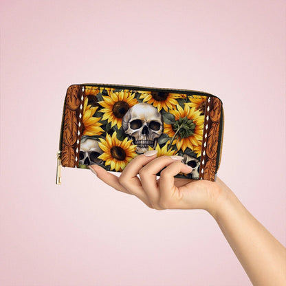  Leather Clutch Purse With Wristlet Strap Handle Sunflower Skull