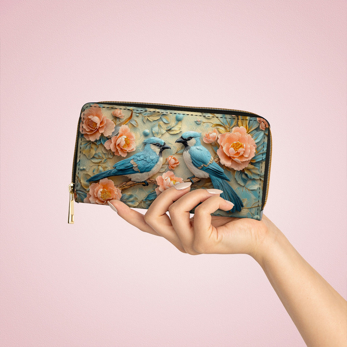  Leather Clutch Purse With Wristlet Strap Handle Bluebird Bliss
