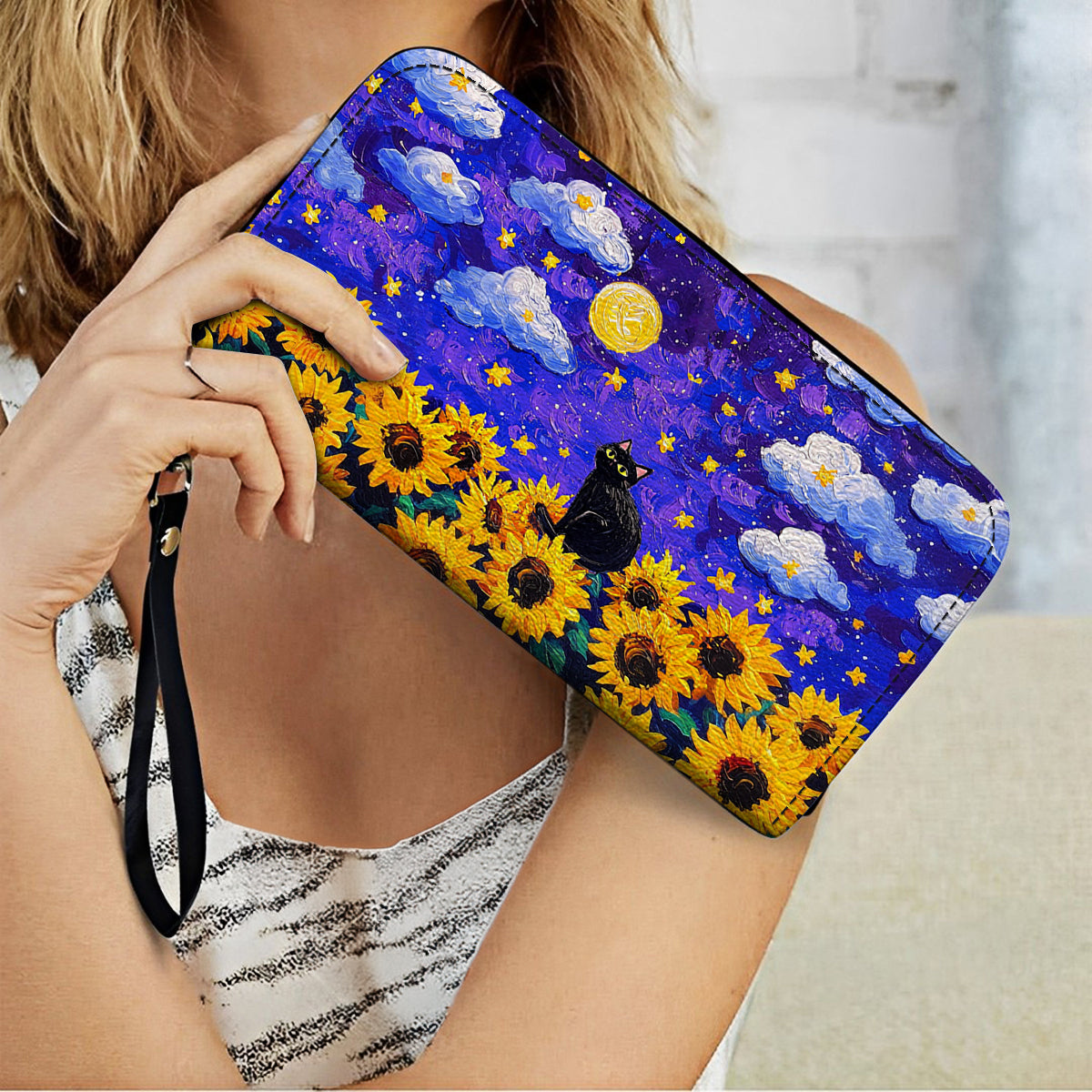  Leather Clutch Purse With Wristlet Strap Handle Starry Cat With Sunflower