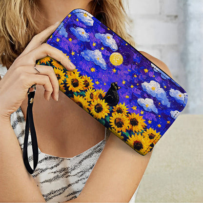  Leather Clutch Purse With Wristlet Strap Handle Starry Cat With Sunflower