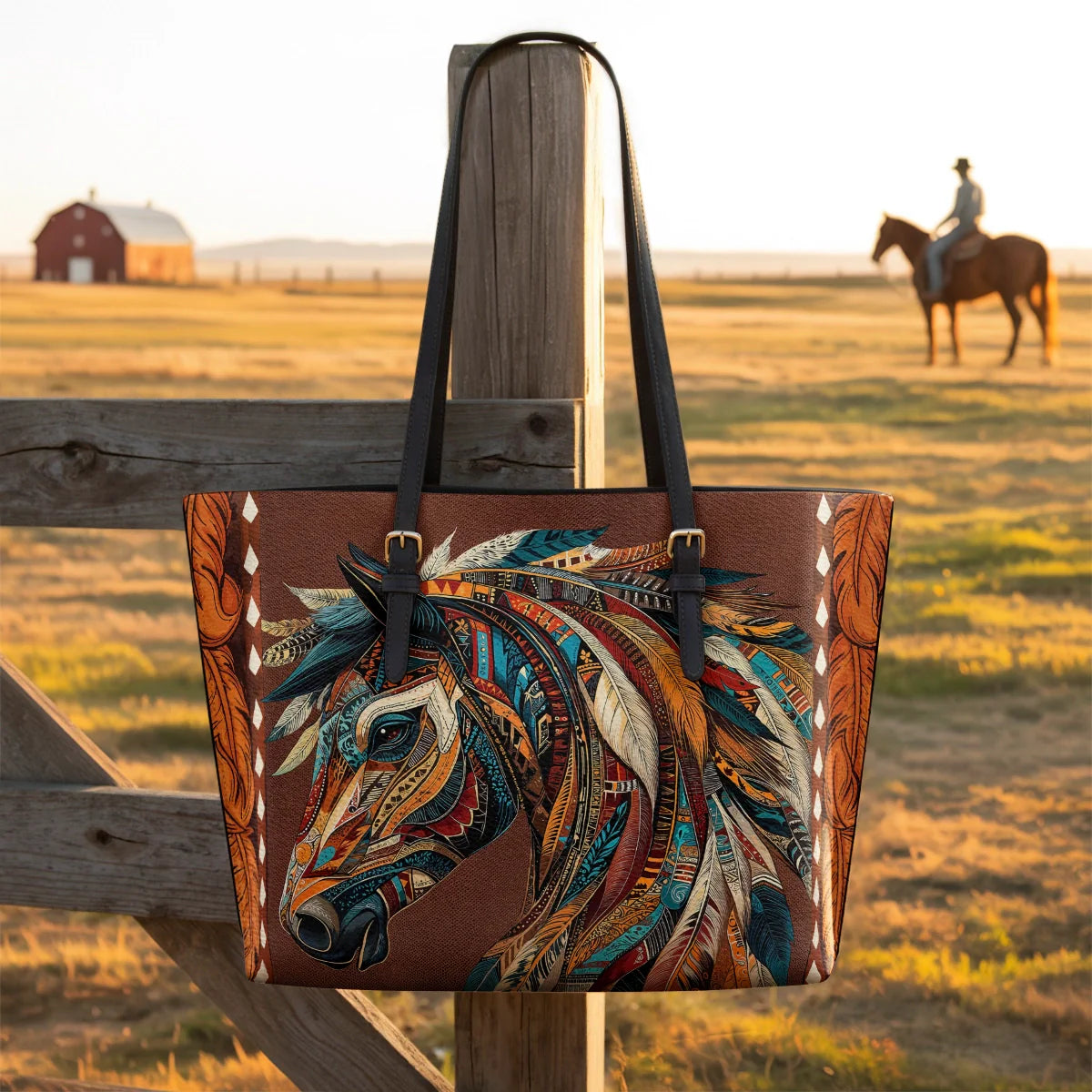  Tribal Horse Majesty Leather Tote Bag
