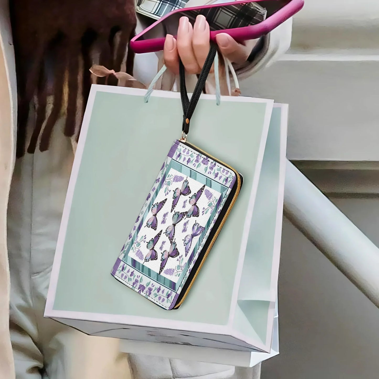  Leather Clutch Purse With Wristlet Strap Handle Purple Butterfly & Floral