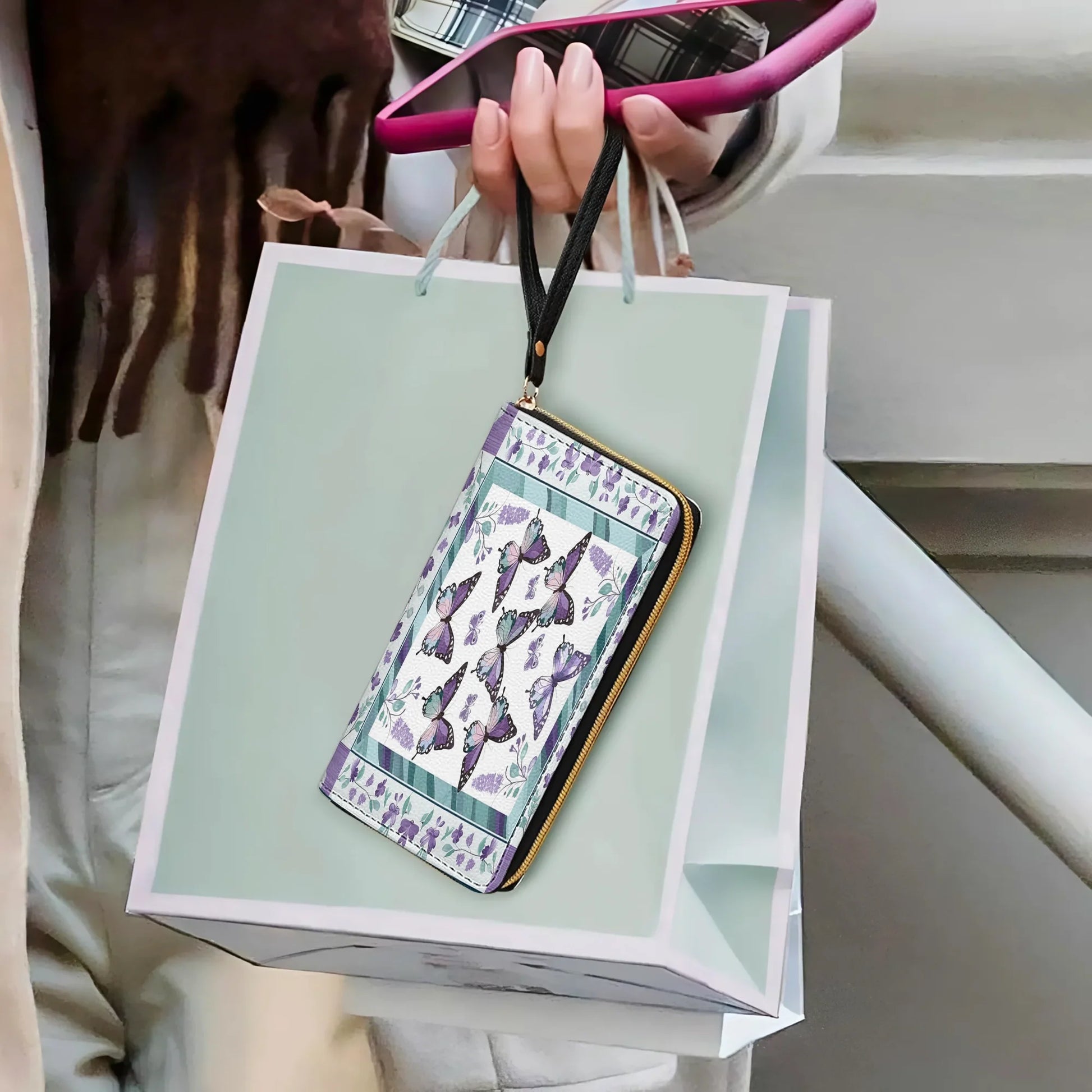  Leather Clutch Purse With Wristlet Strap Handle Purple Butterfly & Floral