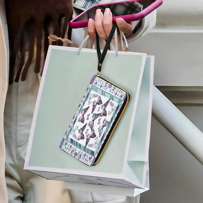  Leather Clutch Purse With Wristlet Strap Handle Purple Butterfly & Floral