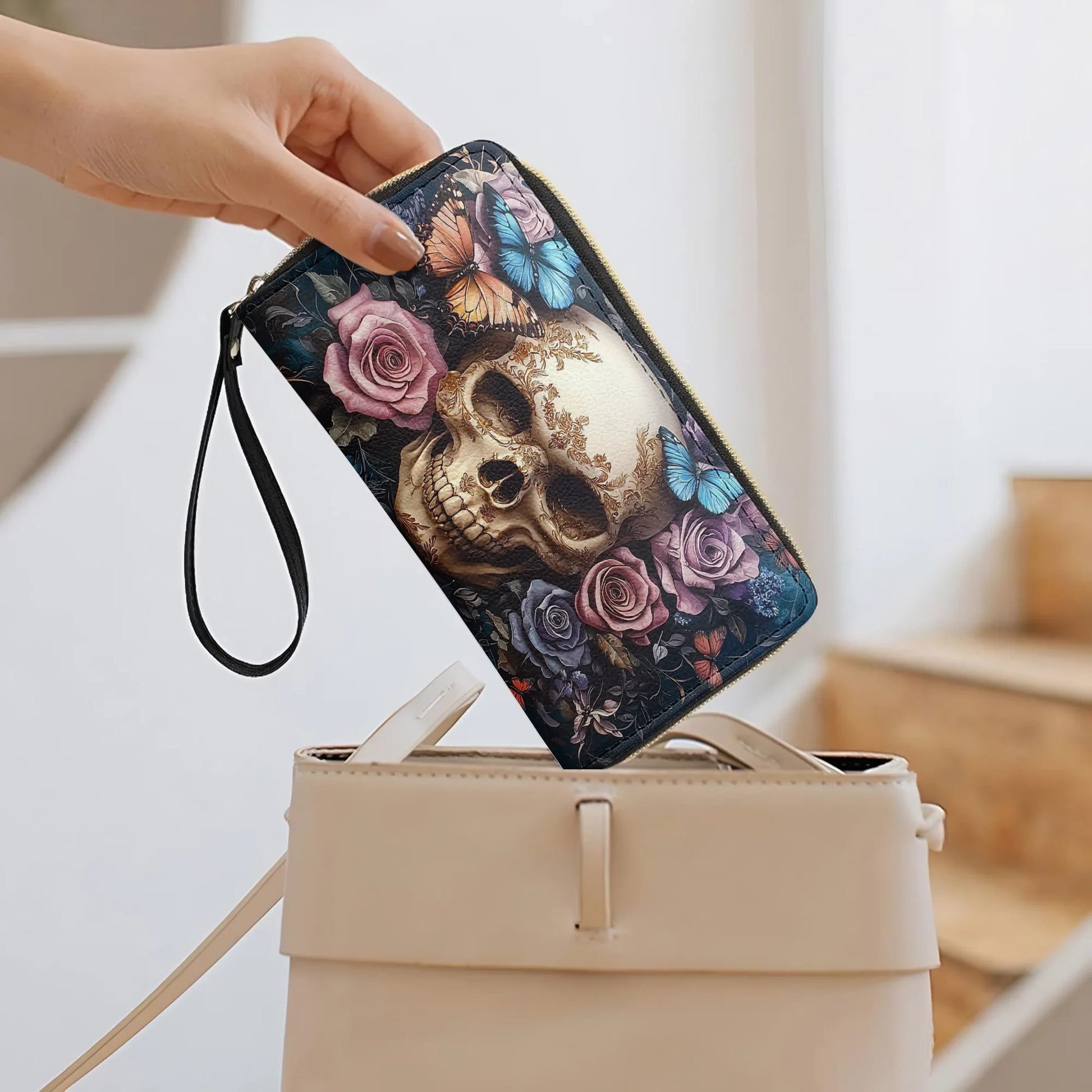  Leather Clutch Purse With Wristlet Strap Handle Skull Eternal Serenade