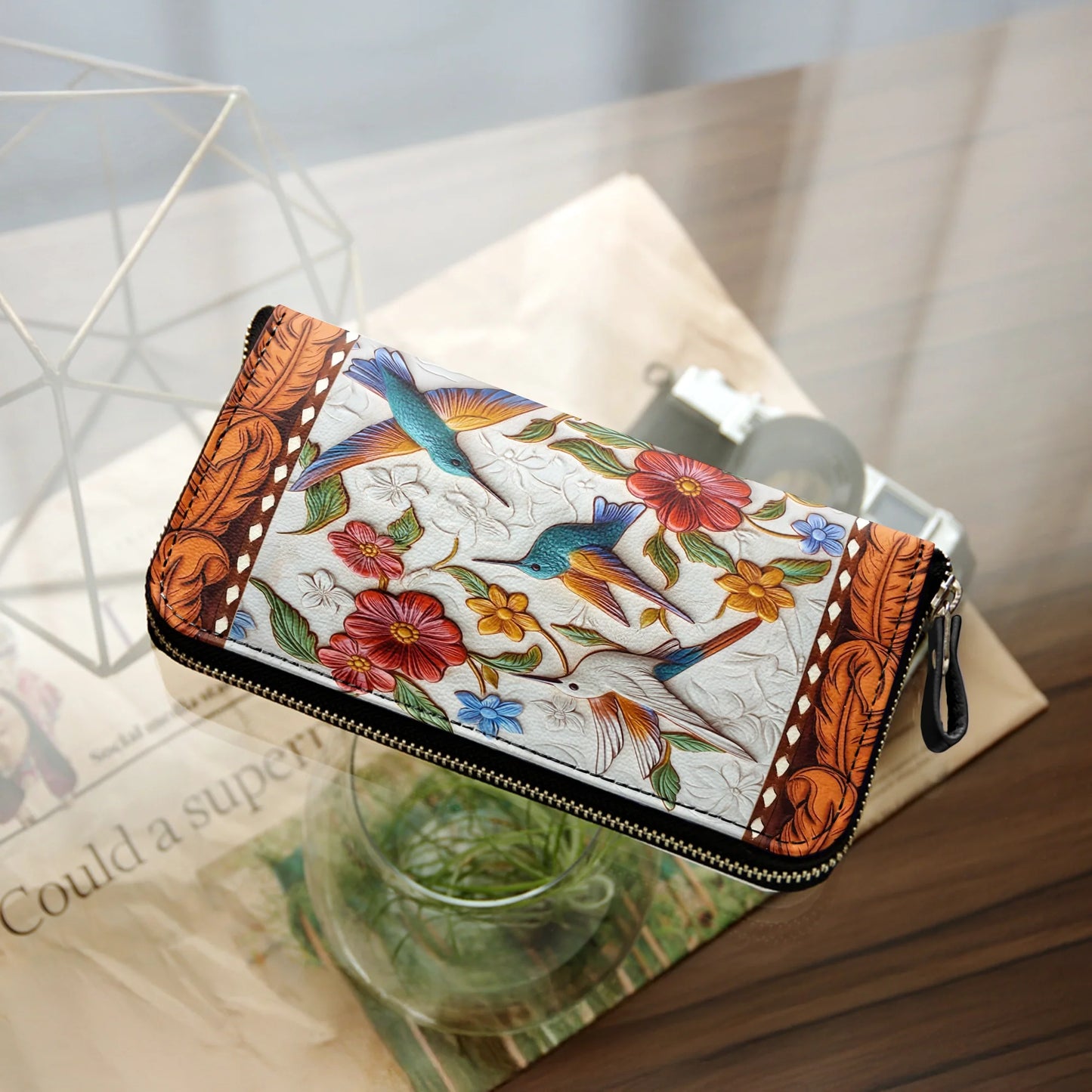  Leather Clutch Purse With Wristlet Strap Handle Hummingbird Blossom Flight