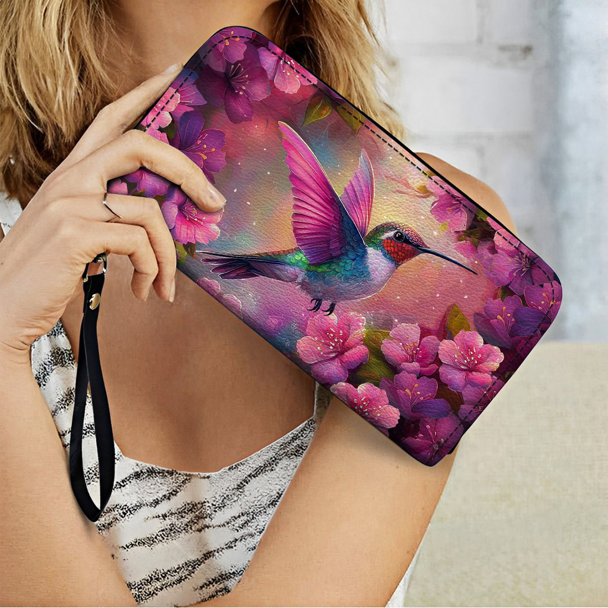 Leather Clutch Purse With Wristlet Strap Handle Blossom Hummingbird