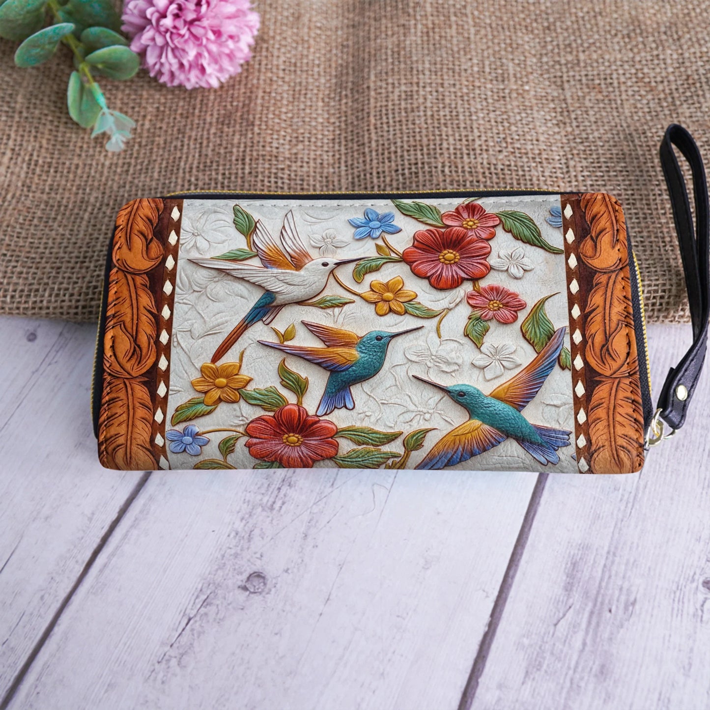  Leather Clutch Purse With Wristlet Strap Handle Hummingbird Blossom Flight