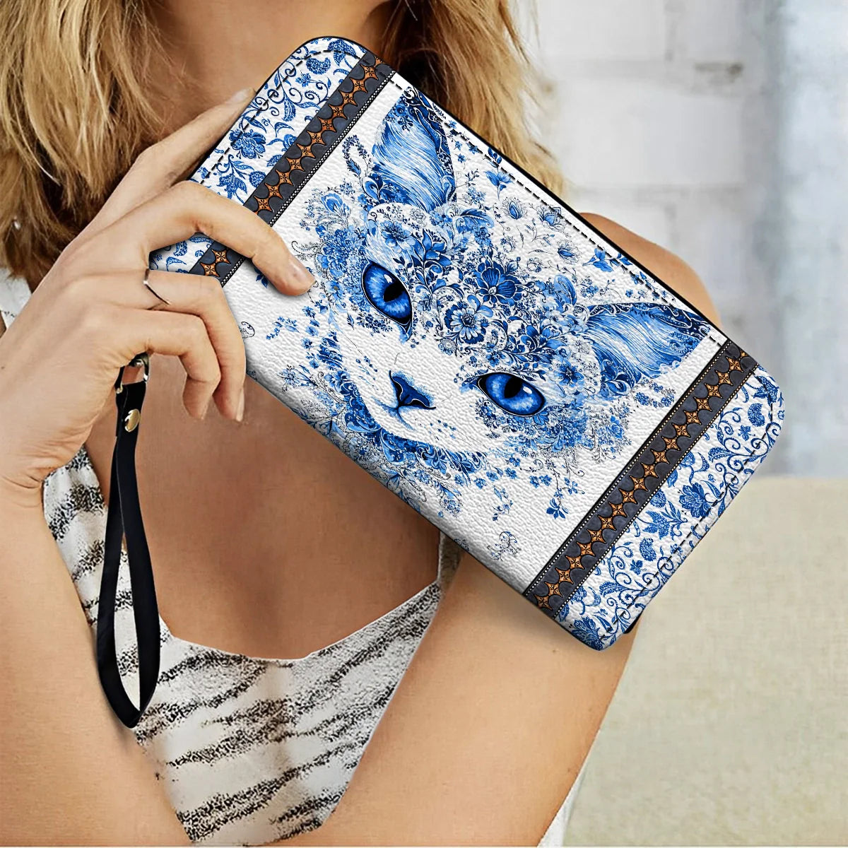  Leather Clutch Purse With Wristlet Strap Handle Blue Beauty Cat