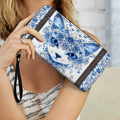  Leather Clutch Purse With Wristlet Strap Handle Blue Beauty Cat