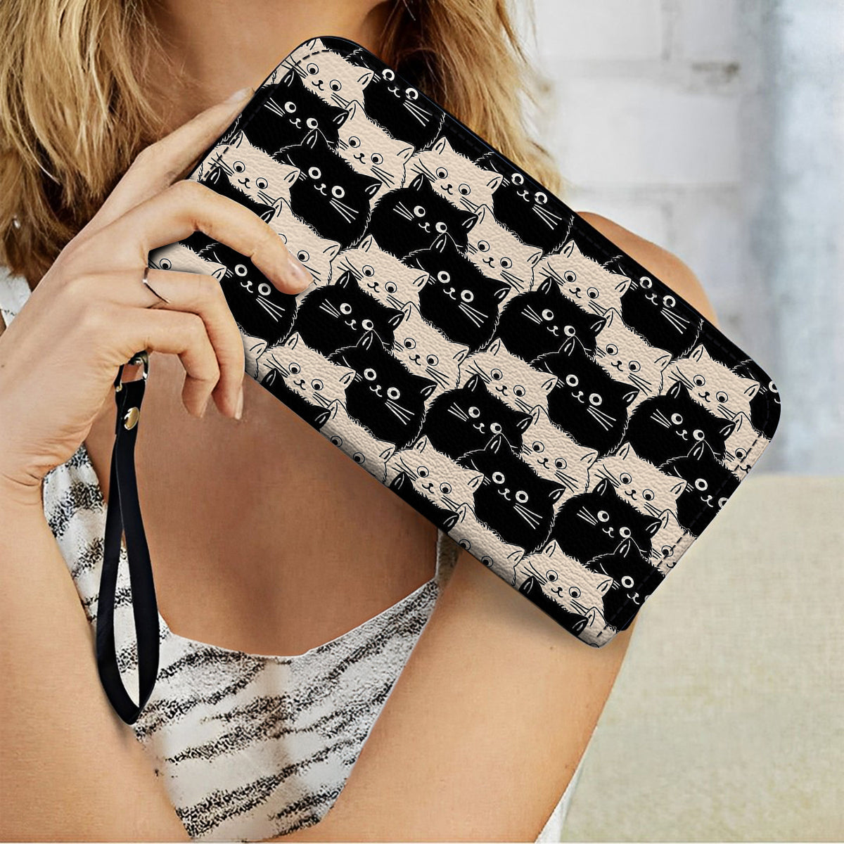  Leather Clutch Purse With Wristlet Strap Handle Cute Face Cats