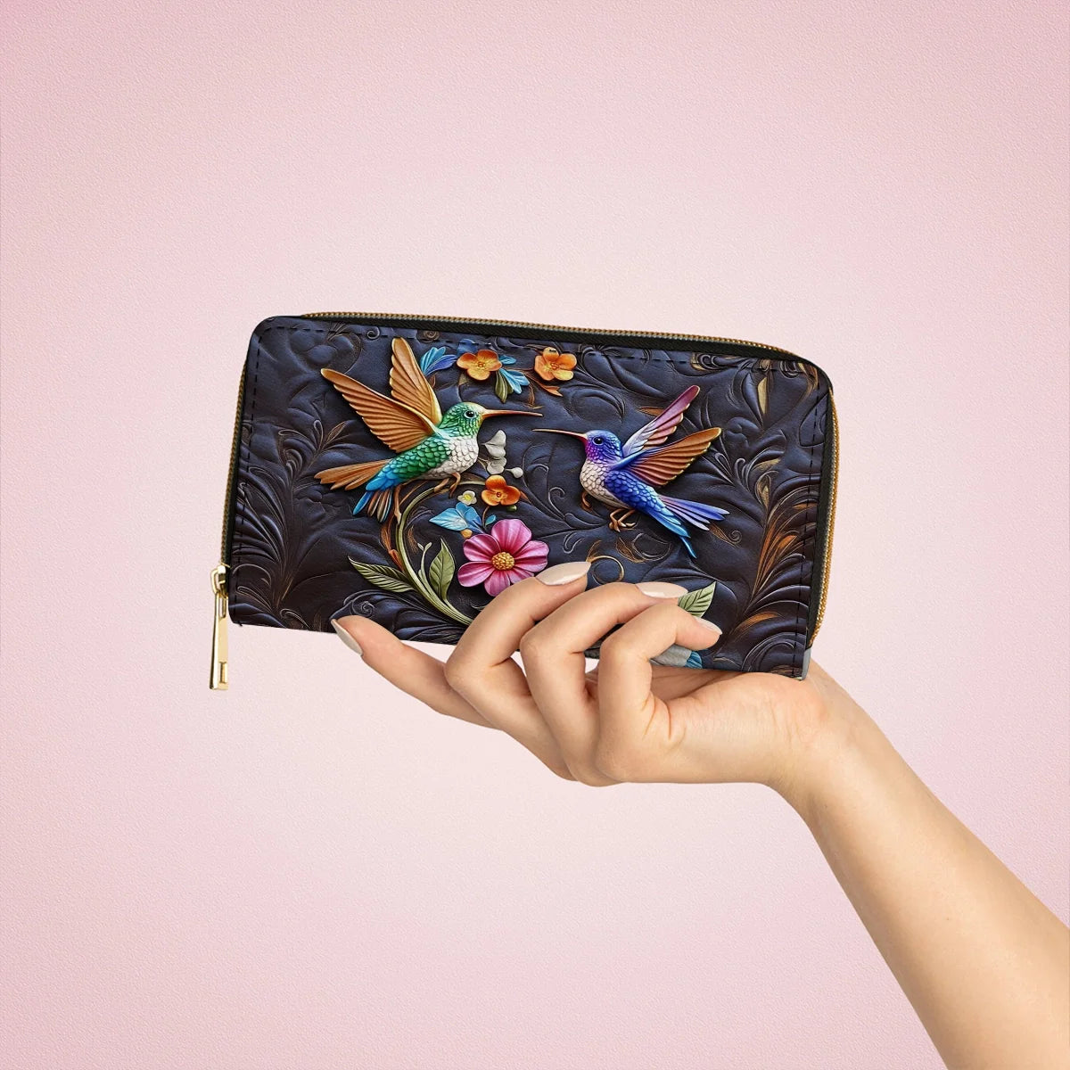  Leather Clutch Purse With Wristlet Strap Handle Hummingbird Dream