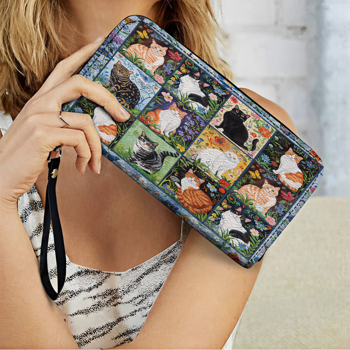  Leather Clutch Purse With Wristlet Strap Handle Cat Floral Felines