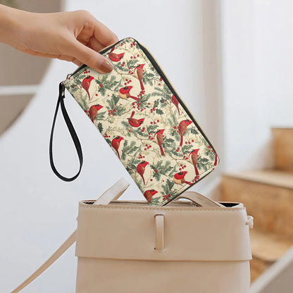 Leather Clutch Purse With Wristlet Strap Handle Winter Cardinal Harmony