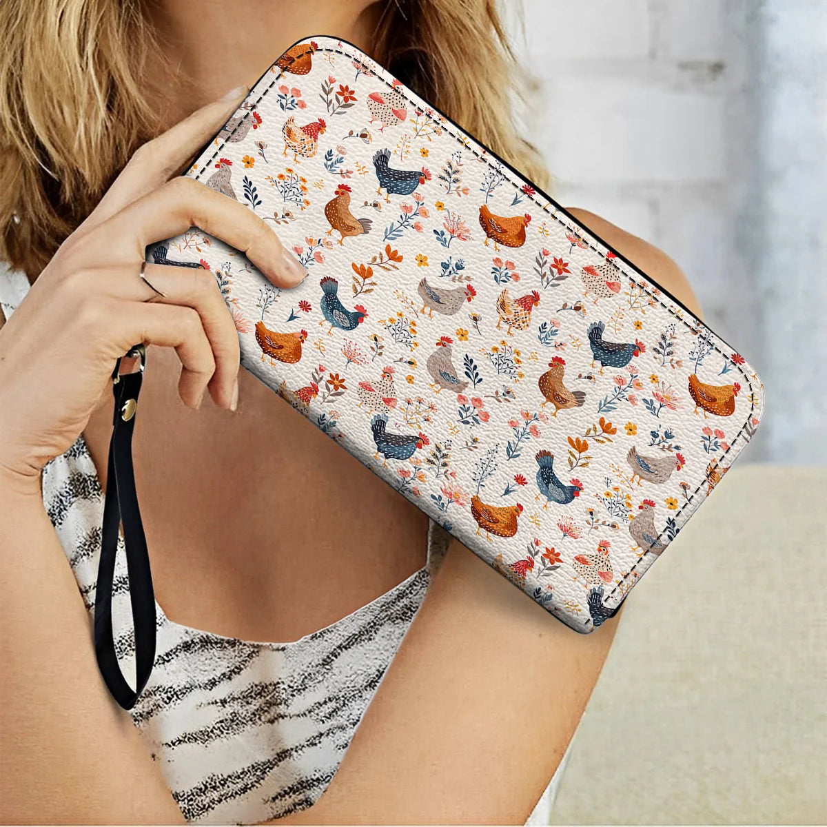  Leather Clutch Purse With Wristlet Strap Handle Chicken Flower