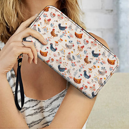  Leather Clutch Purse With Wristlet Strap Handle Chicken Flower