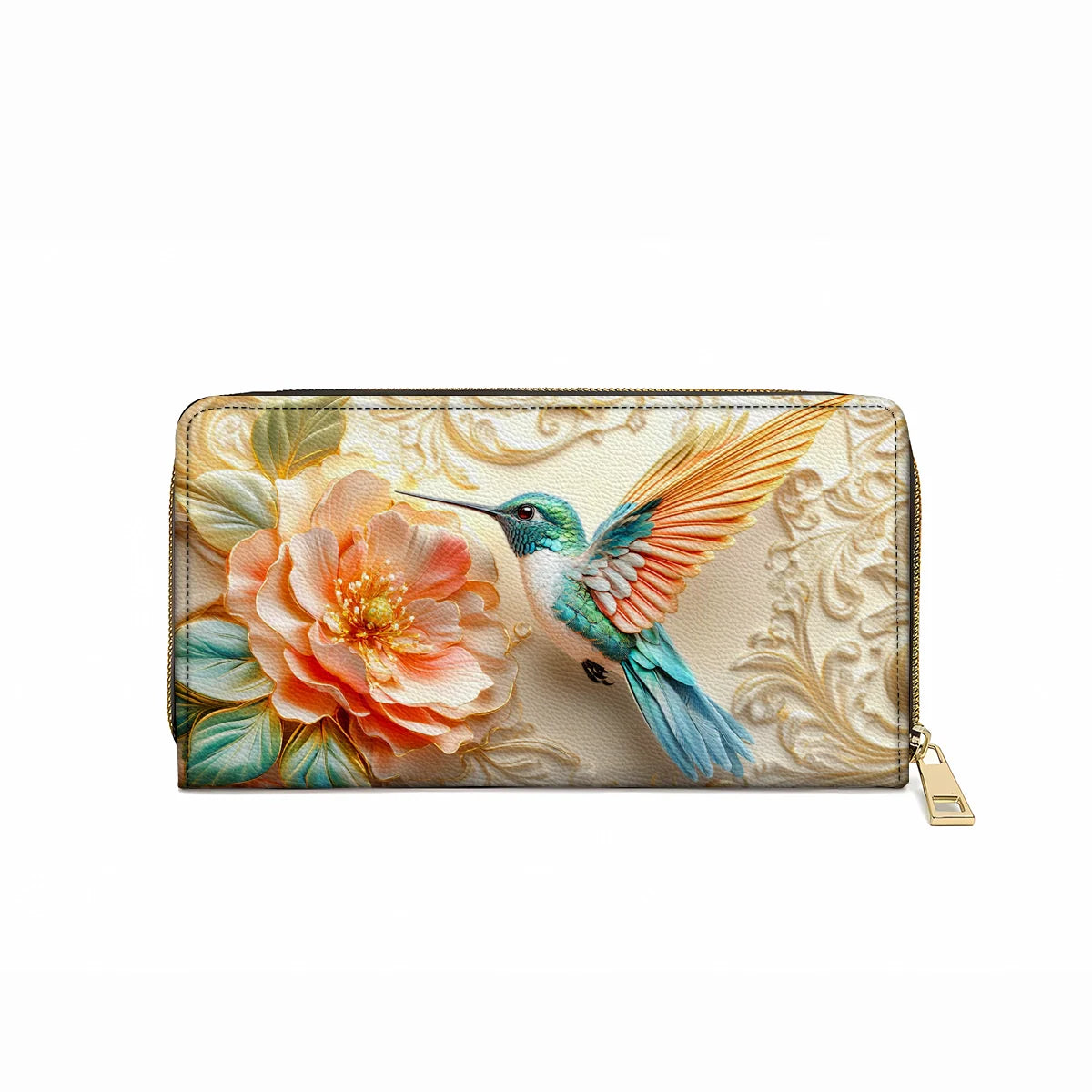  Leather Clutch Purse With Wristlet Strap Handle Golden Bloom Hummingbird