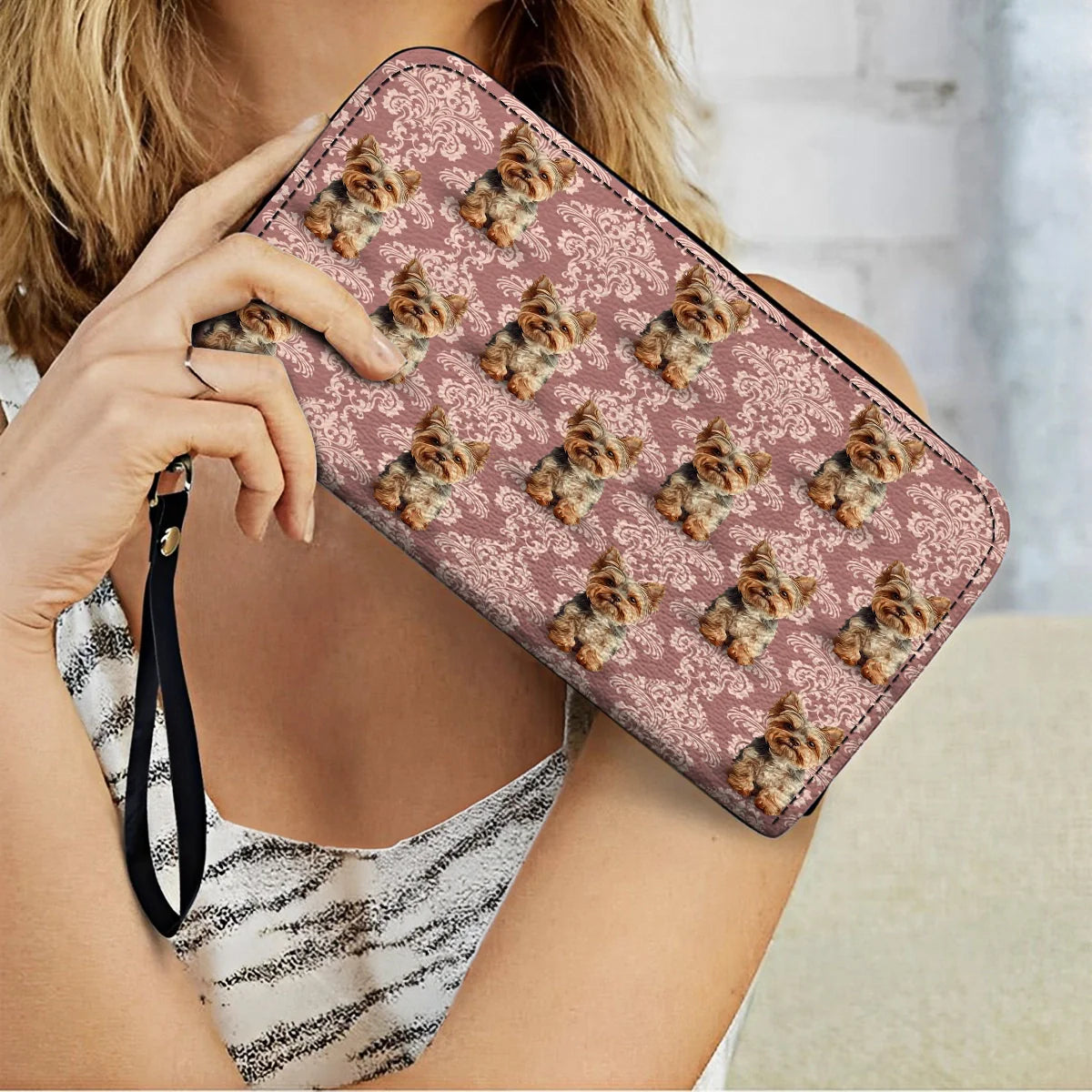  Leather Clutch Purse With Wristlet Strap Handle Elegant Yorkie Bliss