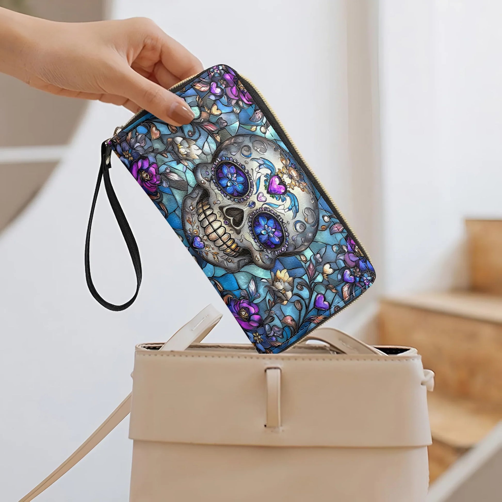  Leather Clutch Purse With Wristlet Strap Handle Lumina Gothic Skull